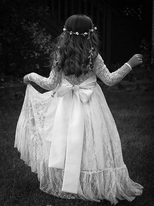 Floor-Length A-Line/Princess Lace Long Jewel Sleeves Bowknot Flower Girl Dresses