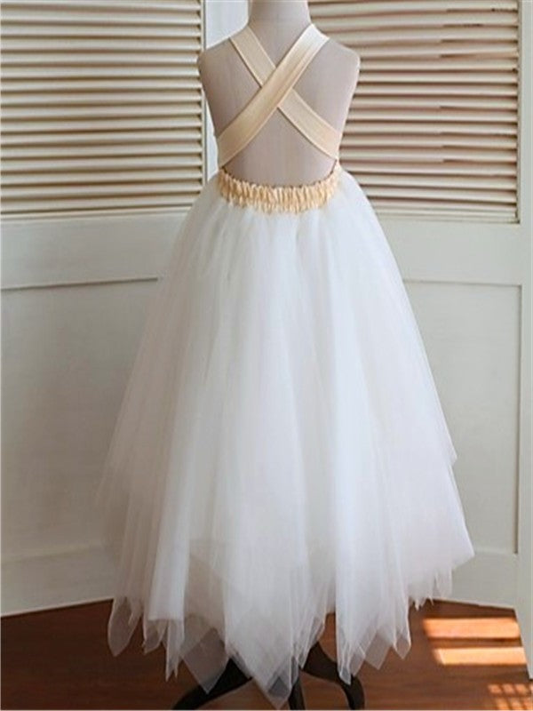 Hand-made Tea-Length Sleeveless Gown Tulle Flower Straps Ball Flower Girl Dresses