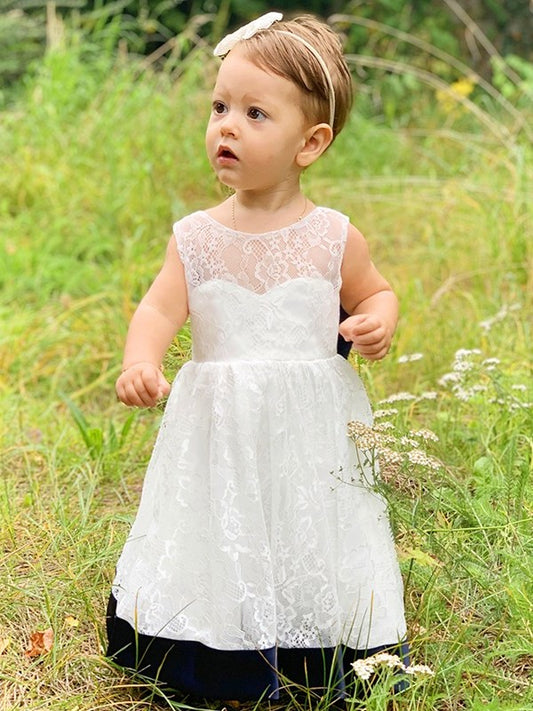 A-Line/Princess Lace Tea-Length Bowknot Sleeveless Scoop Flower Girl Dresses