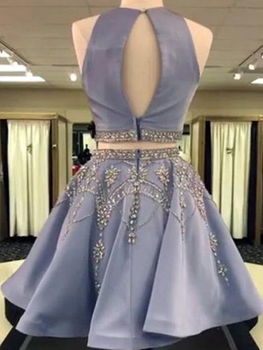 A-Line/Princess Sleeveless Homecoming Dresses Bateau Fiona Satin Beading Short/Mini Two Piece Dresses