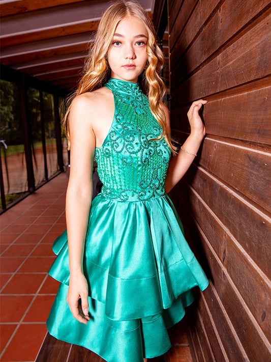 Sleeveless Beading Jewel Satin A-Line/Princess Short/Mini Homecoming Dresses