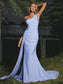 Sleeveless One-Shoulder Jersey Ruched Sheath/Column Sweep/Brush Train Bridesmaid Dresses