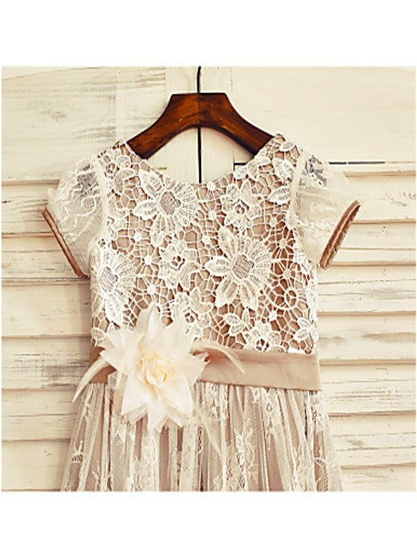 Lace A-line/Princess Hand-made Flower Short Tea-Length Sleeves Scoop Flower Girl Dresses