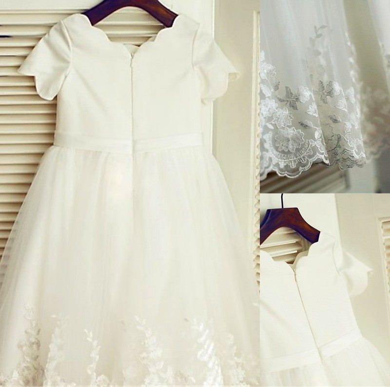 A-line/Princess Tea-Length Lace Short Sleeves Scoop Flower Girl Dresses