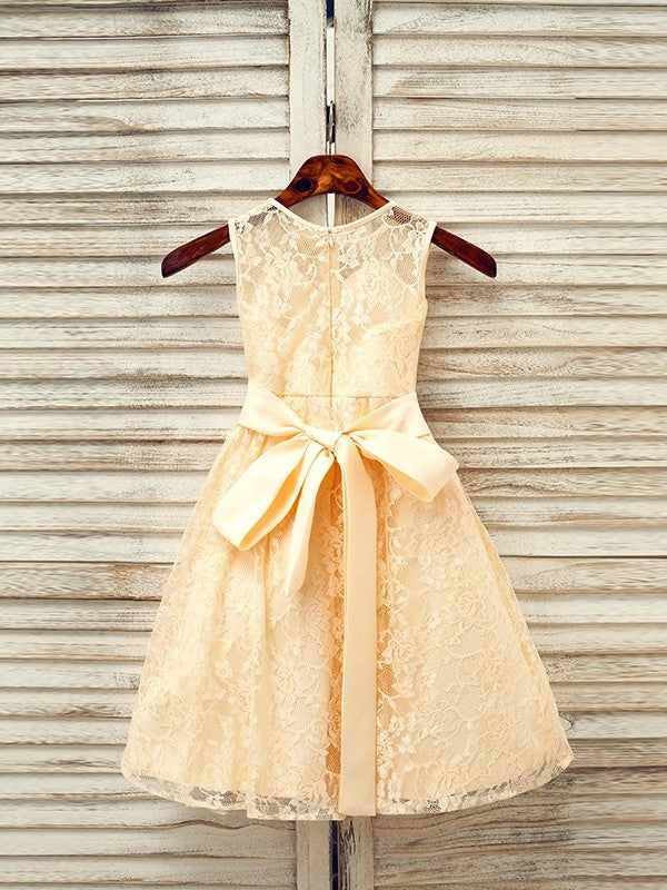 A-Line/Princess Sleeveless Scoop Sash/Ribbon/Belt Tea-Length Lace Flower Girl Dresses