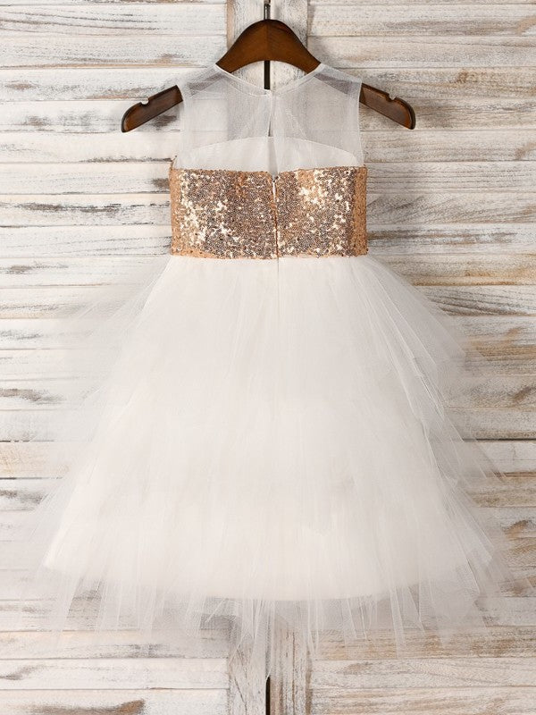 Sleeveless Scoop Tulle Tea-Length Paillette A-Line/Princess Flower Girl Dresses