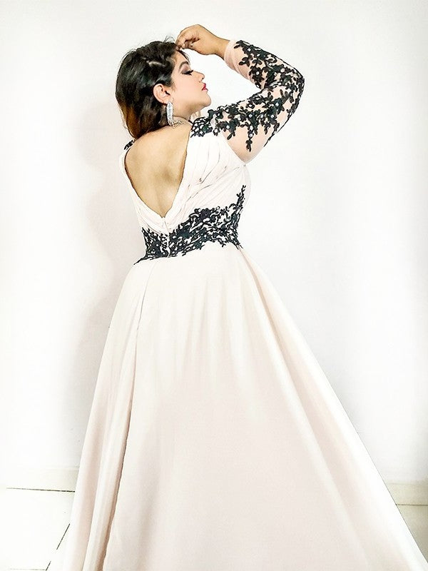 V-neck Sleeves Floor-Length Chiffon Applique Long A-Line/Princess Plus Size Dresses