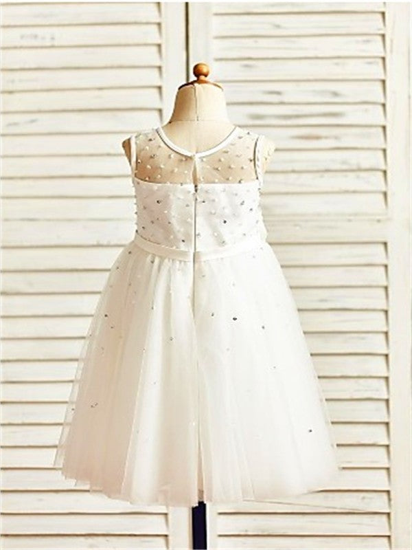 Scoop Tea-Length Hand-made A-line/Princess Tulle Flower Sleeveless Flower Girl Dresses