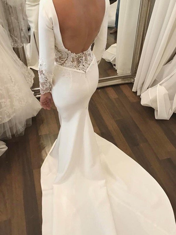 Long Sleeves Lace Court Trumpet/Mermaid Train Scoop Satin Wedding Dresses