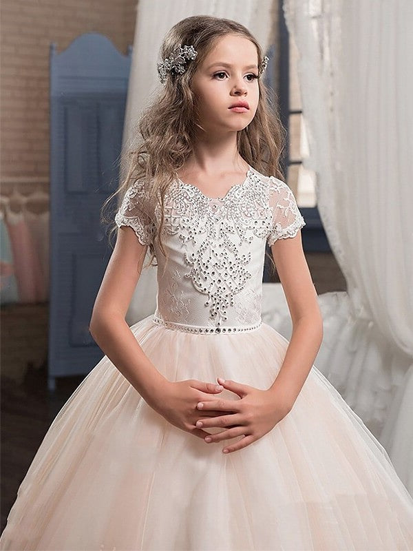 V-neck Gown Short Lace Tulle Ball Sleeves Floor-Length Flower Girl Dresses