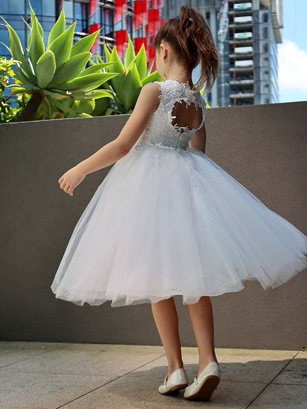 Neck Tulle Sleeveless Knee-Length Lace A-Line/Princess High Flower Girl Dresses