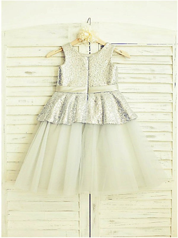 Tea-Length Scoop A-line/Princess Sequin Sleeveless Tulle Flower Girl Dresses