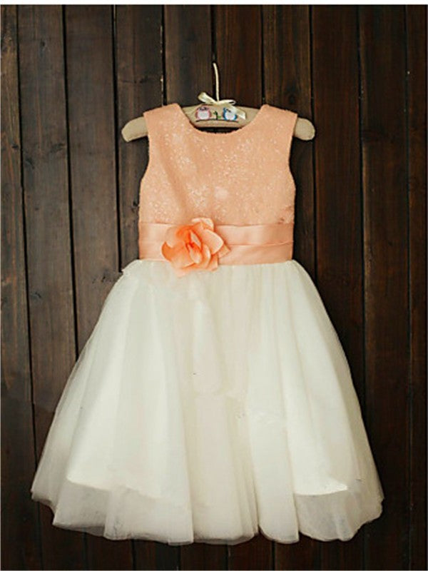 Tulle Tea-Length A-line/Princess Scoop Sequin Sleeveless Flower Girl Dresses