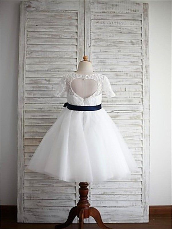 1/2 Sash/Ribbon/Belt Scoop A-line/Princess Sleeves Tulle Tea-Length Flower Girl Dresses