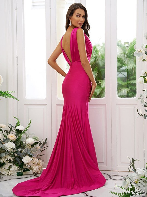 Sweep/Brush Jersey V-neck Ruched Sleeveless Trumpet/Mermaid Train Bridesmaid Dresses