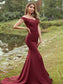 Sleeveless Applique Off-the-Shoulder Sweep/Brush Sheath/Column Stretch Crepe Train Bridesmaid Dresses