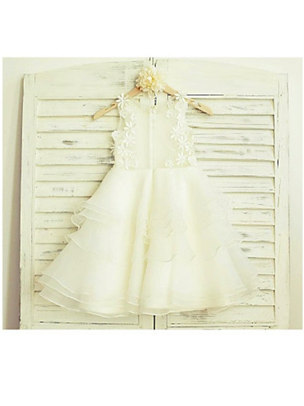 Tea-Length Tulle Scoop Sleeveless A-line/Princess Lace Flower Girl Dresses