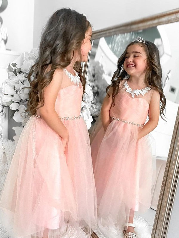 Scoop A-Line/Princess Beading Sleeveless Tea-Length Tulle Flower Girl Dresses