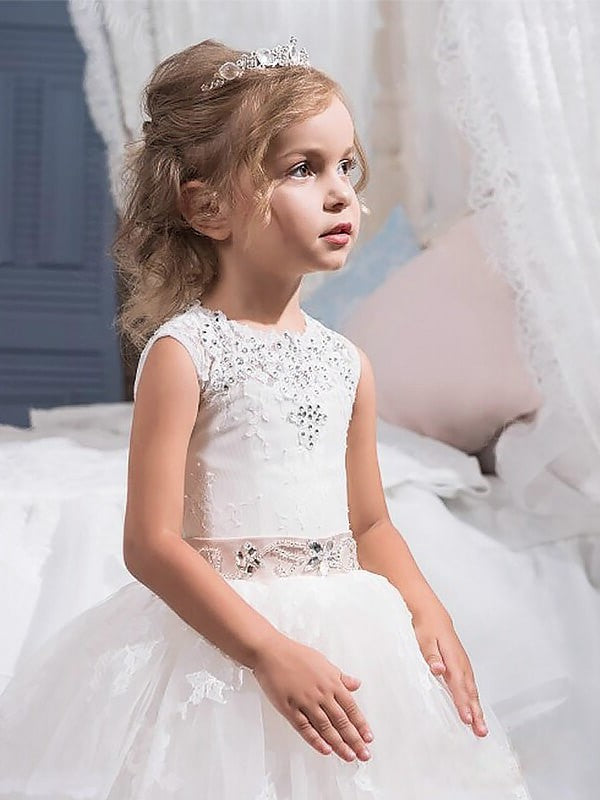 Floor-Length Crystal Sleeveless Tulle Gown Jewel Ball Flower Girl Dresses