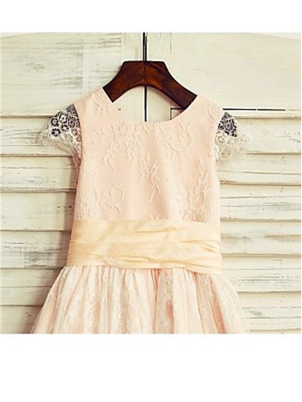 Sash/Ribbon/Belt Tea-Length A-line/Princess Lace Scoop Short Sleeves Flower Girl Dresses