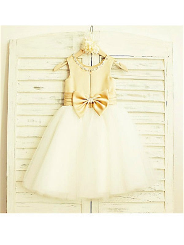 Scoop Tulle A-line/Princess Sleeveless Bowknot Tea-Length Flower Girl Dresses