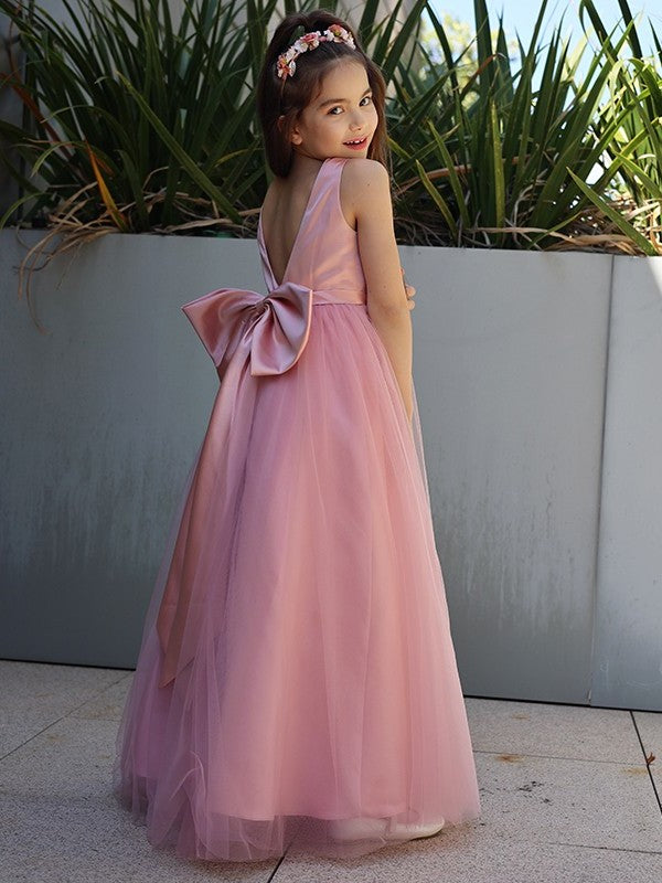 Bowknot Sleeveless A-Line/Princess Tulle V-neck Floor-Length Flower Girl Dresses