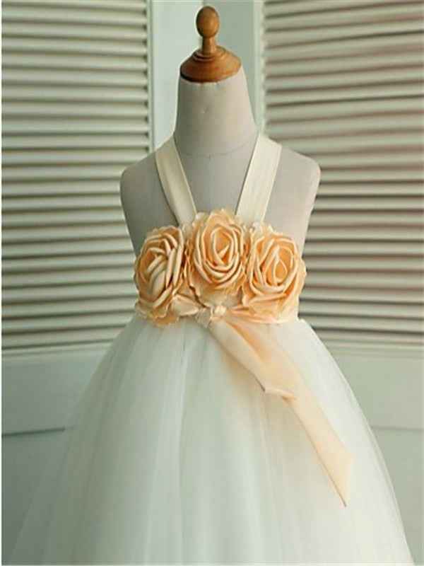 Hand-made Tea-Length Sleeveless Gown Tulle Flower Straps Ball Flower Girl Dresses