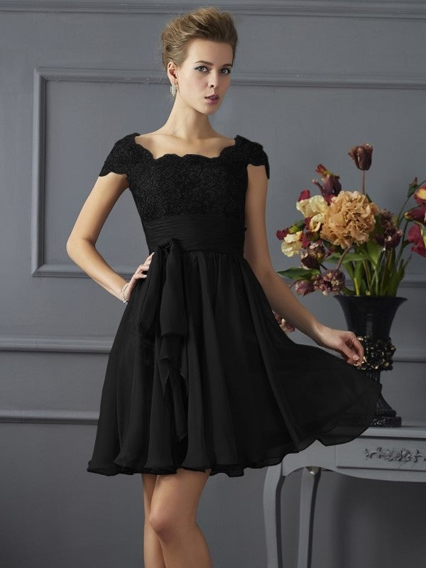 Short Short A-Line/Princess Scoop Sleeves Lace Chiffon Bridesmaid Dresses