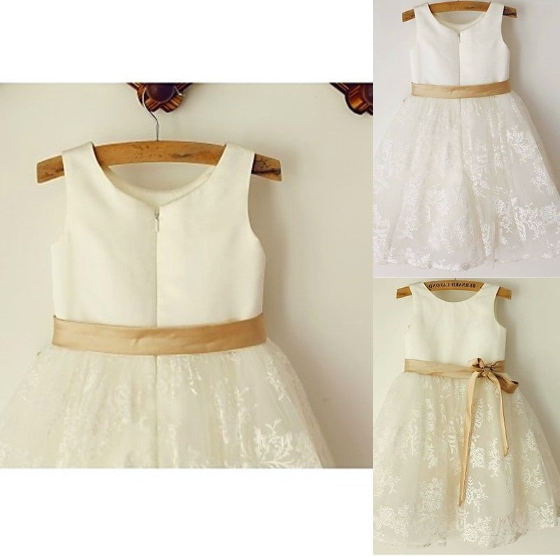 A-line/Princess Sleeveless Bowknot Scoop Lace Tea-Length Flower Girl Dresses