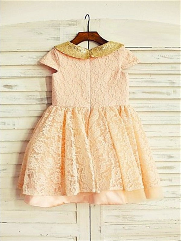 Tea-Length Scoop A-line/Princess Sequin Lace Short Sleeves Flower Girl Dresses