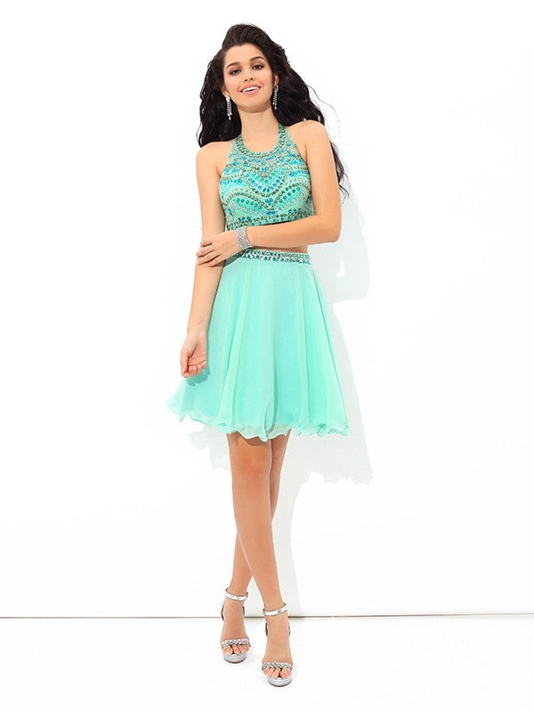 Kamila A-Line/Princess Sheer Neck Rhinestone Sleeveless Short Chiffon Homecoming Dresses Two Piece Dresses