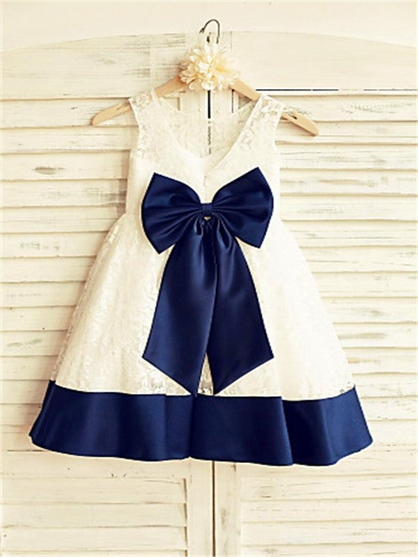 Tea-Length Sleeveless Scoop A-line/Princess Lace Bowknot Flower Girl Dresses