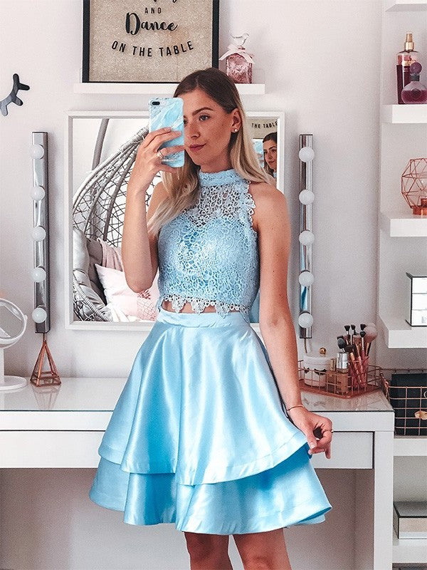 A-Line/Princess Sleeveless Two Satin Short/Mini Lace Halter Piece Homecoming Dresses