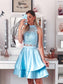 A-Line/Princess Sleeveless Two Satin Short/Mini Lace Halter Piece Homecoming Dresses