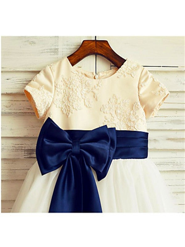 Bowknot Sleeves Tulle Tea-Length Short Scoop A-line/Princess Flower Girl Dresses