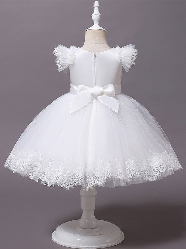 Tulle Gown Sleeves Ball Tea-Length Applique Scoop Short Flower Girl Dresses