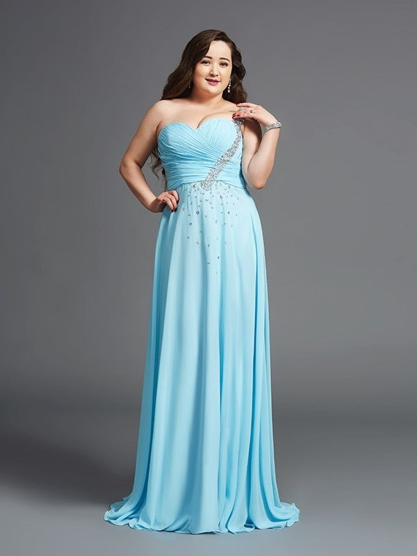 One-Shoulder A-Line/Princess Chiffon Sleeveless Rhinestone Long Plus Size Dresses