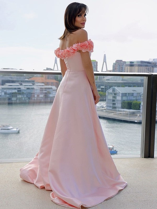 Satin Off-the-Shoulder A-Line/Princess Flower Sleeveless Hand-Made Sweep/Brush Train Dresses