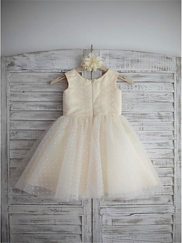 Hand-made Scoop Tulle Flower A-line/Princess Sleeveless Tea-Length Flower Girl Dresses