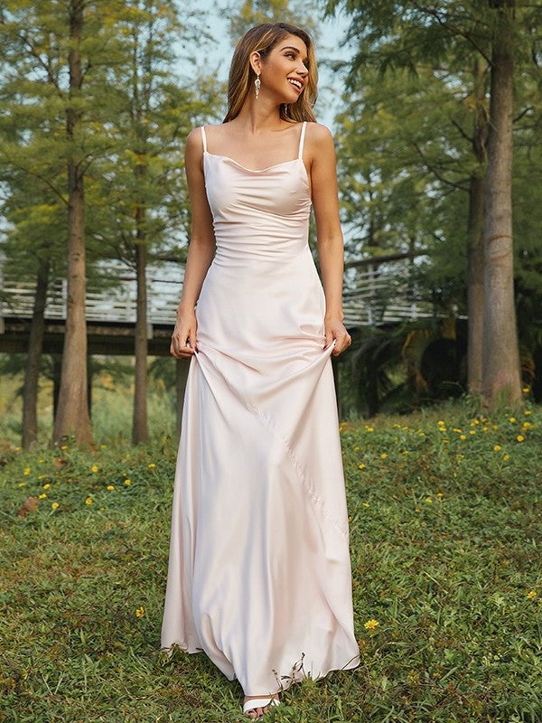 Sleeveless Sheath/Column Ruched Spaghetti Charmeuse Straps Sweep/Brush Train Bridesmaid Dresses