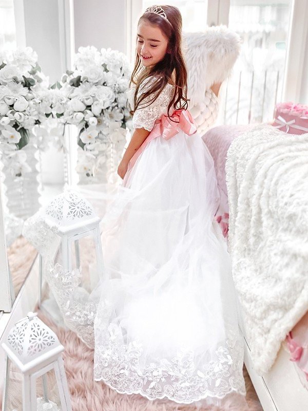 Off-the-Shoulder A-Line/Princess Sweep/Brush Train 1/2 Sleeves Sash/Ribbon/Belt Tulle Flower Girl Dresses