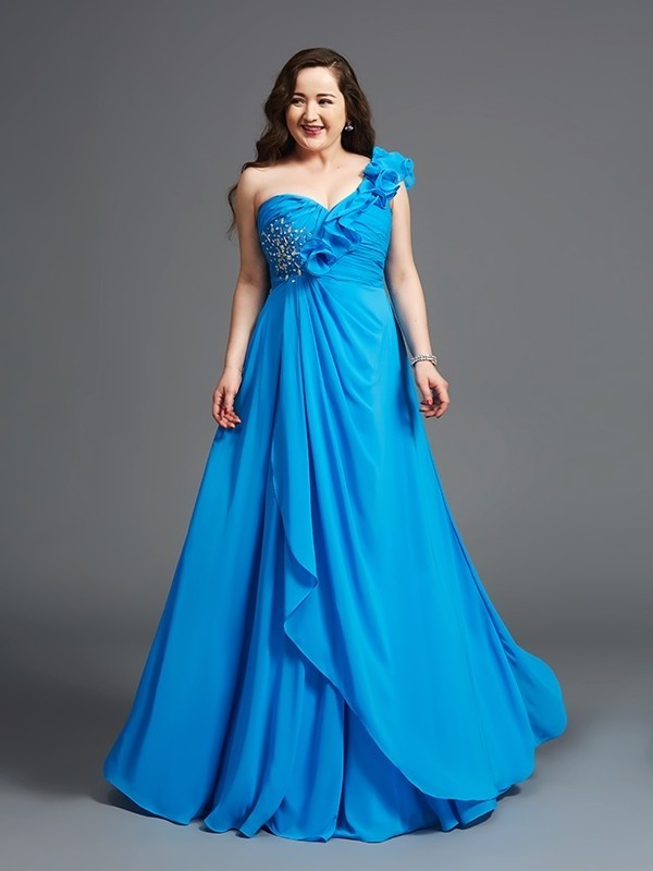 A-Line/Princess Sleeveless Rhinestone Long One-Shoulder Chiffon Plus Size Dresses