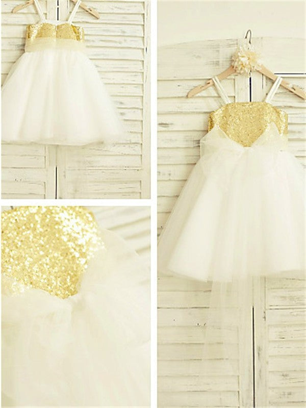 Spaghetti Tea-Length Tulle A-line/Princess Straps Sleeveless Sequin Flower Girl Dresses