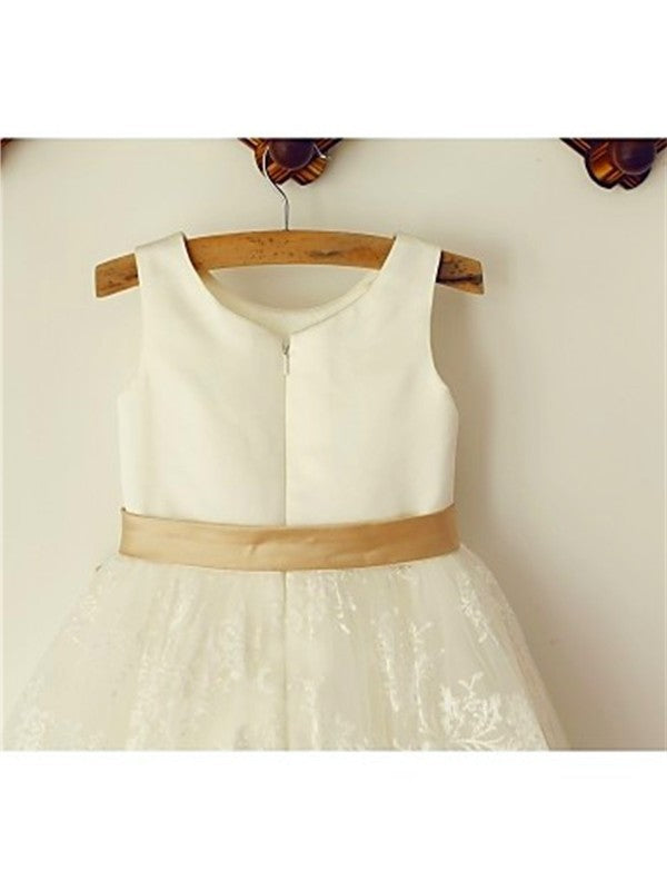 A-line/Princess Sleeveless Bowknot Scoop Lace Tea-Length Flower Girl Dresses