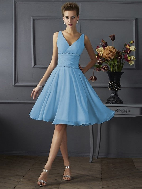 Sleeveless V-neck Short A-Line/Princess Pleats Chiffon Bridesmaid Dresses