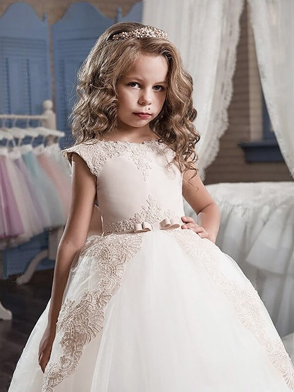 Scoop Ball Tulle Sleeveless Applique Gown Floor-Length Flower Girl Dresses