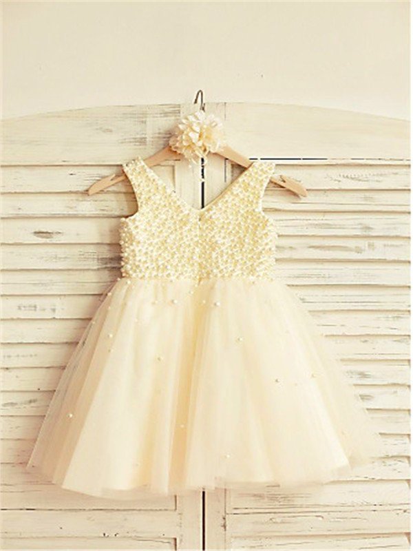 Tea-Length A-line/Princess V-neck Tulle Sleeveless Pearls Flower Girl Dresses