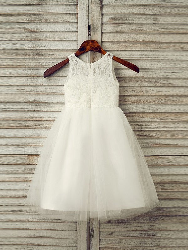 Tea-Length Sleeveless Tulle A-Line/Princess Lace Scoop Flower Girl Dresses