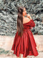 Ruffles A-Line/Princess Satin Long V-neck Sleeves Short/Mini Homecoming Dresses