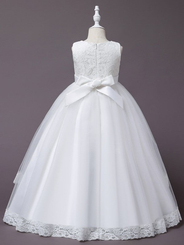 Sleeveless Applique Ball Gown Scoop Tulle Floor-Length Flower Girl Dresses